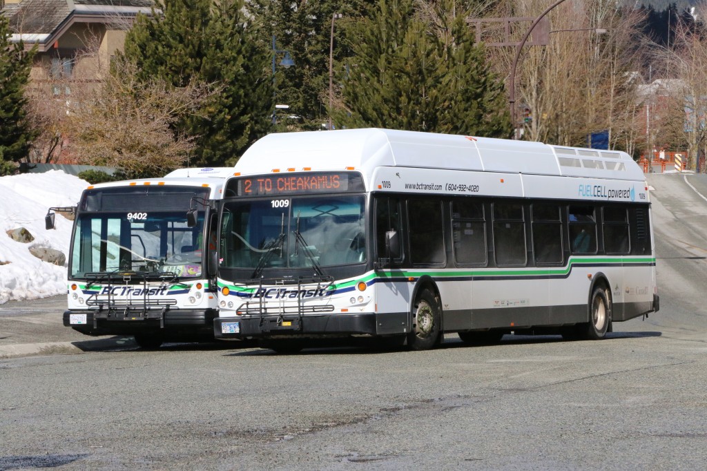 A Nova Bus diesel bus on the left, and the New Flyer hydrogen fuel cell bus on the right