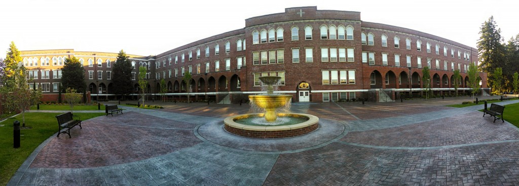 A panorama of the Old Main building at St. Martin's University campus